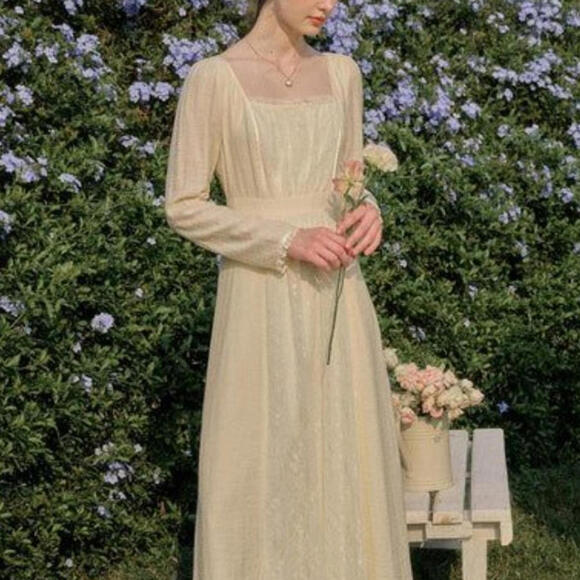 Simple Retro Lace Patchwork Cottage Core Yellow M Coquette Lace Dress‎ - Picture 7 of 15